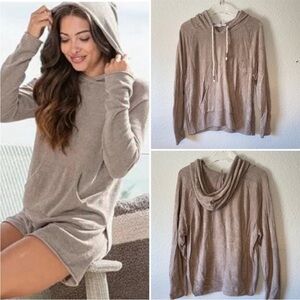 Young Fabulous & Broke Soft Terry Fuzzy Pullover Hoodie in Dark Beige Tan